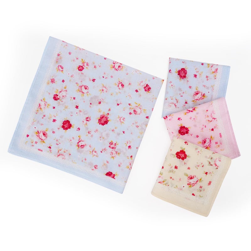HOULIFE Ladies 100% 60S Cotton Handkerchiefs Womens Red Rose Floral Print Hankies for Wedding Party 18x18 - Image 2